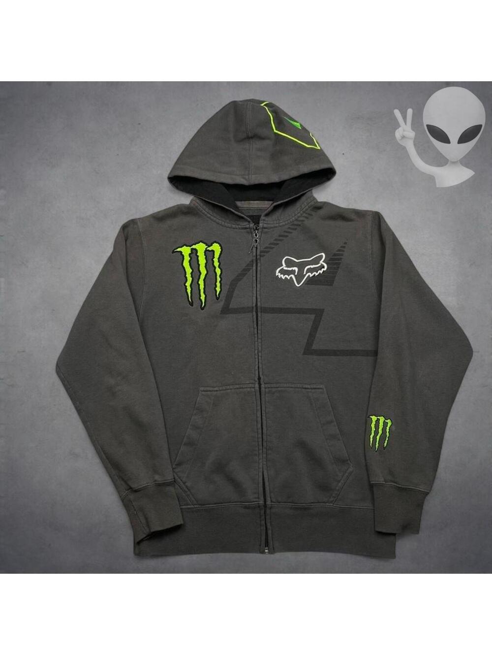 Fox Racing Monster Energy Ricky Carmichael Hoodie Men Size Medium Gray Zip Y2K
